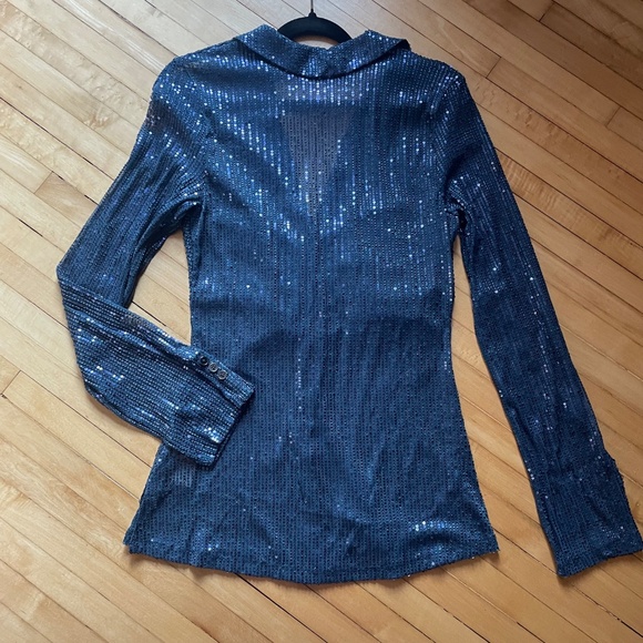 FREE PEOPLE Sequin Shirtee Varsity Navy Top Blouse Semi Sheer Boho Revolve - Picture 9 of 15